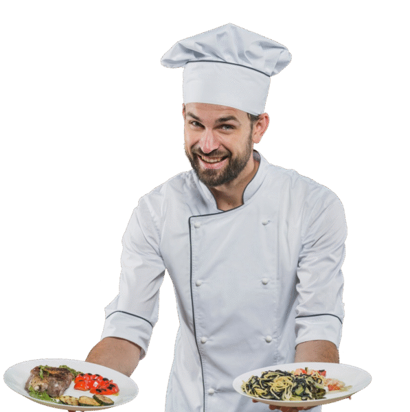 male-cook-standing-kitchen-presenting-delicious-dish